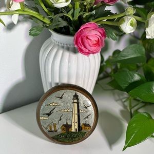 Vintage Brass Container with Enameled Lighthouse Design